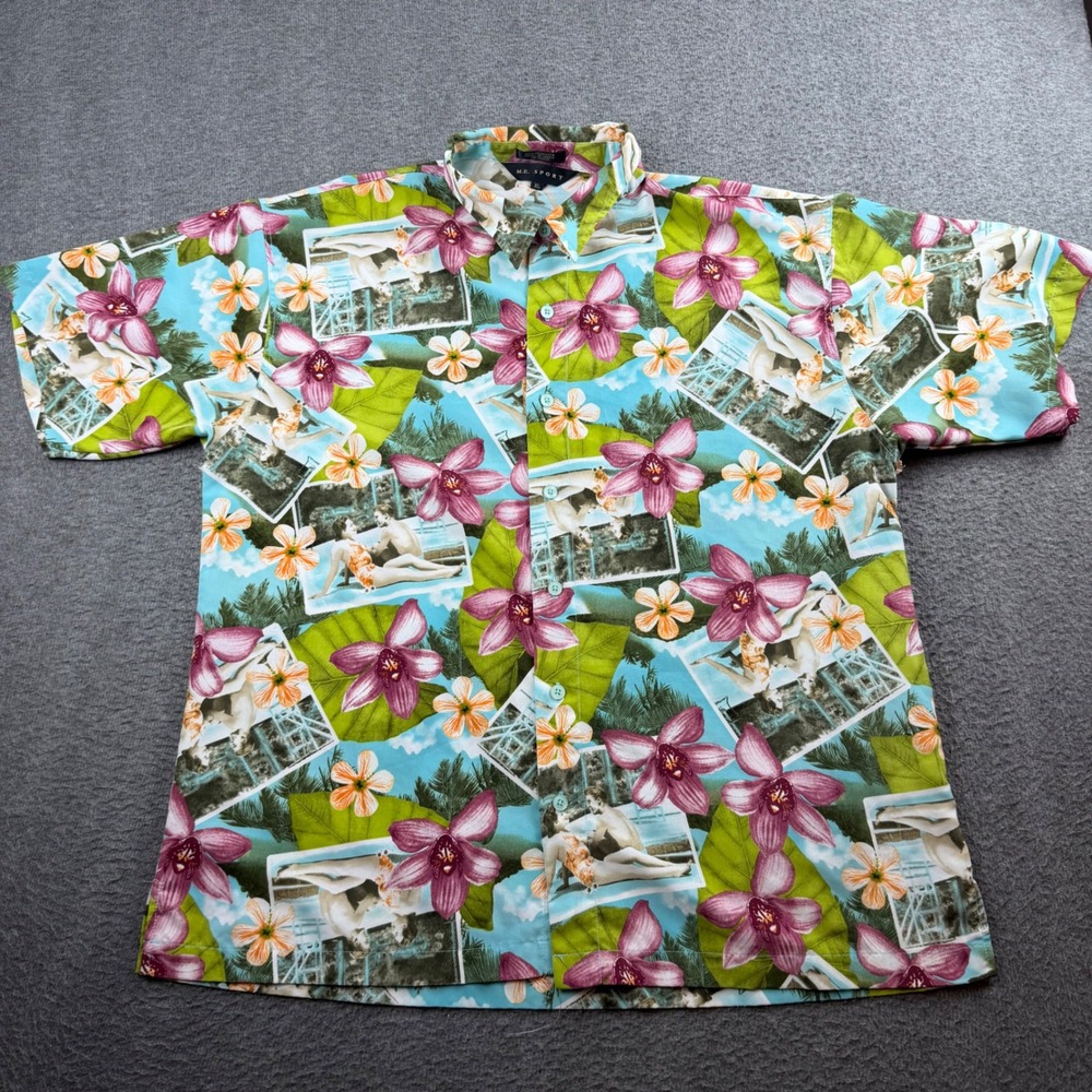 VINTAGE M.E. Sport Button Down Shirt Mens XL Blue Tropical Orchid Polaroid Print